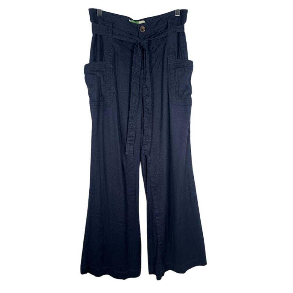 Anthropologie Women's High Waisted Wide Leg Cargo Pants 28 Navy Blue Tie Belt